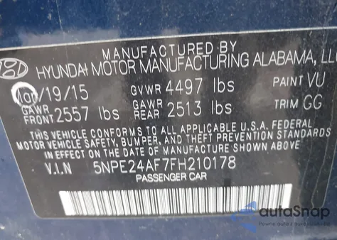 2015 Hyundai Sonata Se из США, поврежденный, VIN 5NPE24AF7FH210178